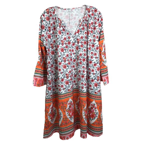 Made With Love Dress Womens M Orange Pink Floral VNeck Bell Sleeve Boho Cover Up - Picture 1 of 8